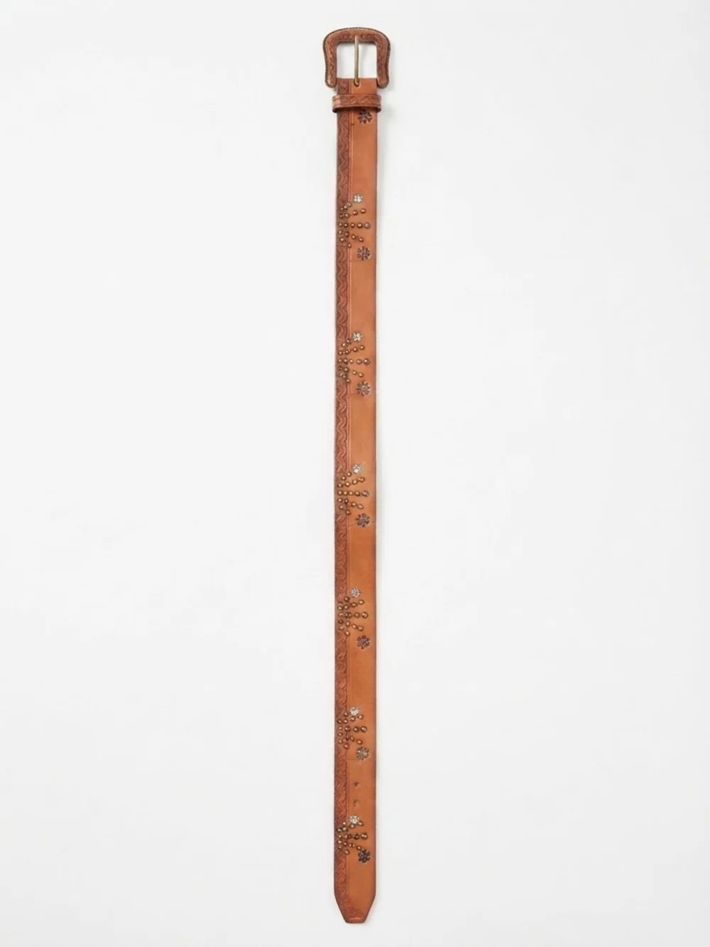 Lucky Brand Tan Leather Studded Belt with Floral Tooling size M